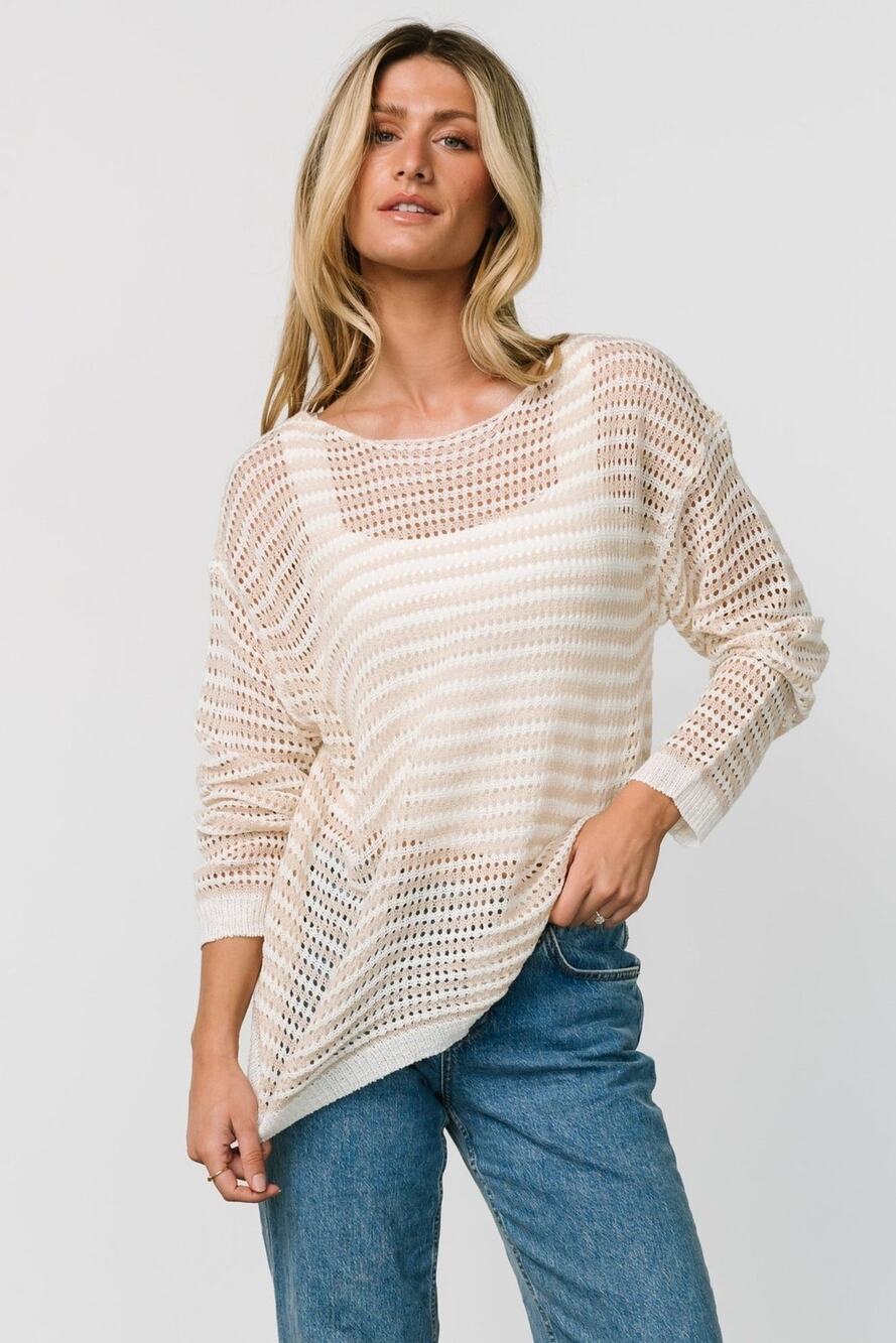 BALTIC BORN | Valissa Open Top Knit Sweater Cream Beige Striped NWT Resort | XL